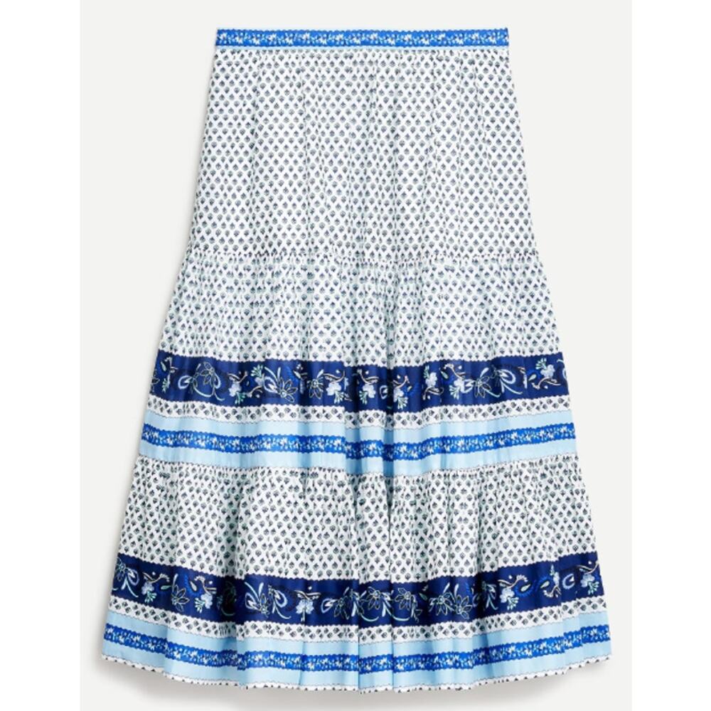 J Crew Tiered Cotton Skirt in Blue Ribbon Midi Floral Stripe Small S